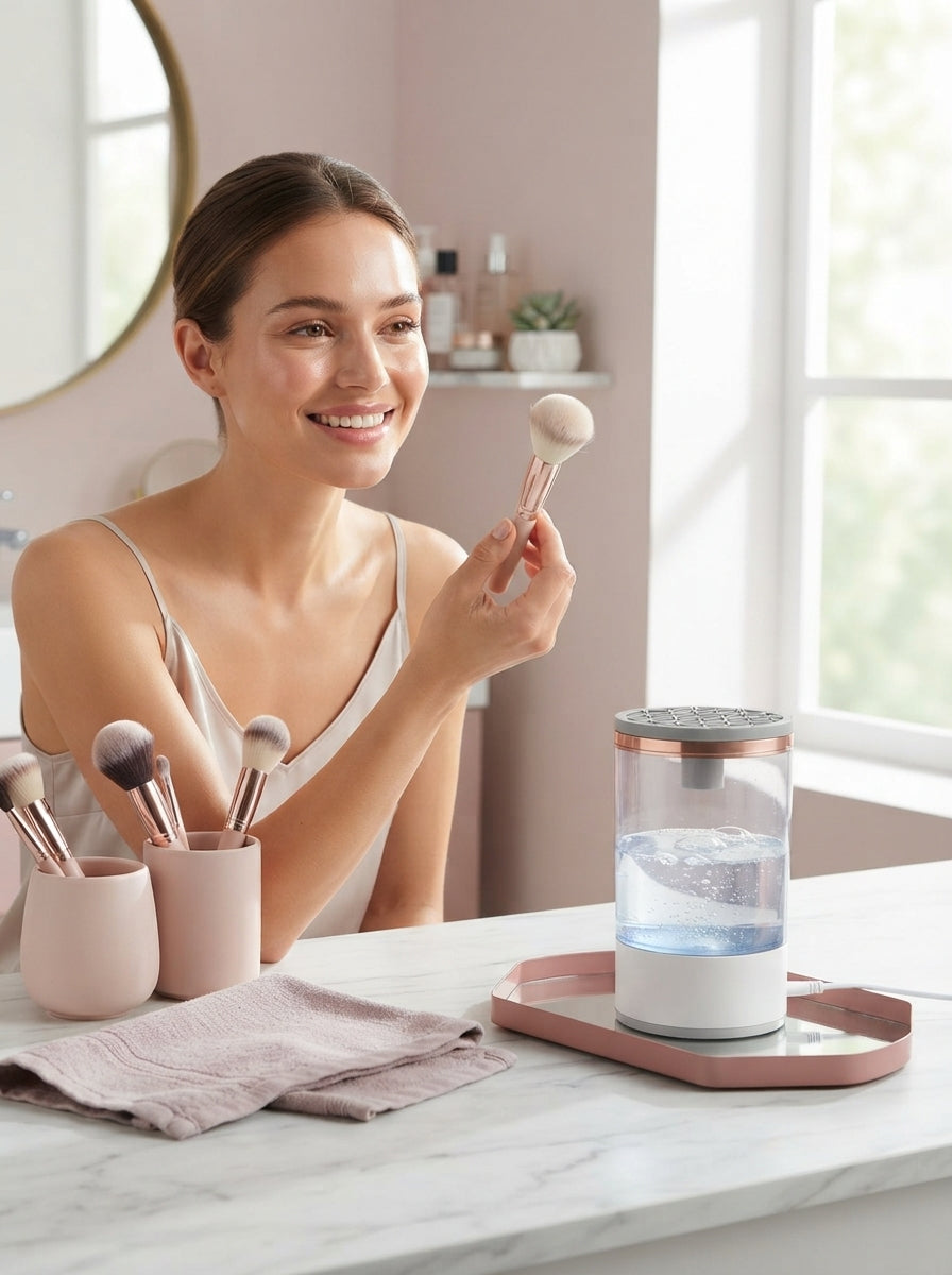 A woman with clear skin holding a clean makeup brush near a white electric brush cleaner on a modern blush pink vanity.