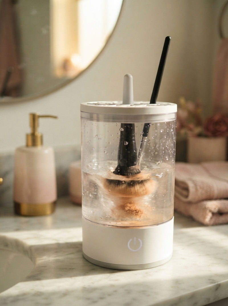 A white electric makeup brush cleaner machine cleaning a thick foundation brush on a bright bathroom vanity.